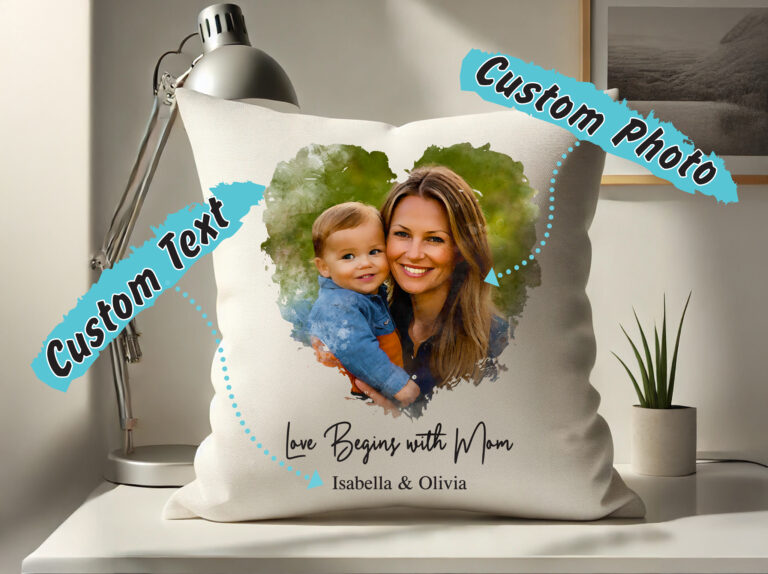 Love You Mom Pillow Cove, Personalized Mothers Day Gift, Custom Name Throw Pillow, Heart Design for Mom