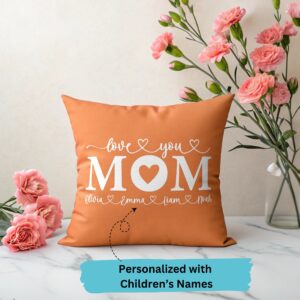 Love You Mom Pillow Cove, Personalized Mothers Day Gift, Custom Name Throw Pillow, Heart Design for Mom