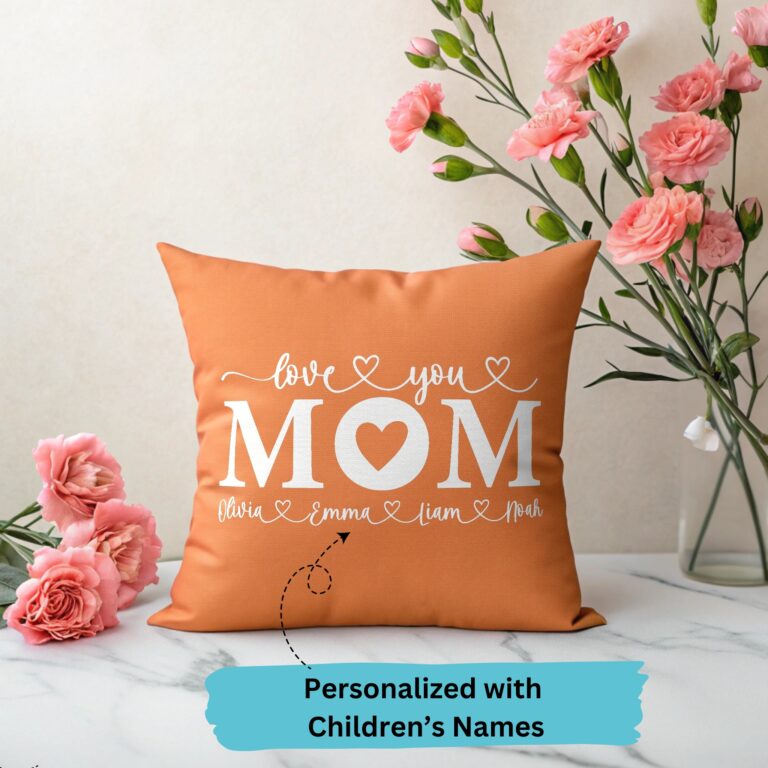 Love You Mom Pillow Cove, Personalized Mothers Day Gift, Custom Name Throw Pillow, Heart Design for Mom