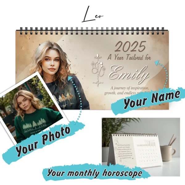 Leo Personalized 2025 Desk Calendar cover with custom name and photo, featuring a stylish astrology-inspired design.