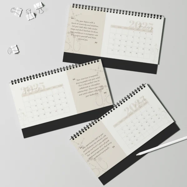 Interior pages of Leo-themed 2025 desk calendar with monthly astrology insights tailored for Leo zodiac signs