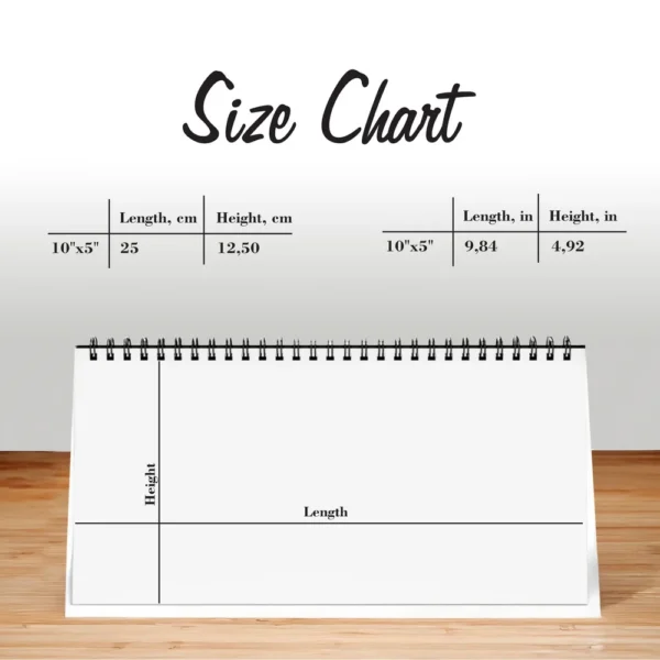 Compact 10x5 inch personalized desk calendar with top-bound spiral design for easy flipping.