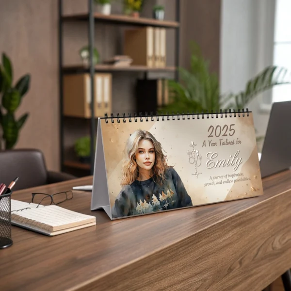Leo 2025 personalized desk calendar displayed on a desk, ideal as a unique astrology-themed gift.