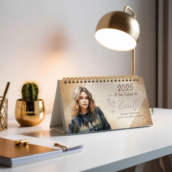 Mockup approval example for Leo personalized 2025 desk calendar, showcasing custom name and photo options.