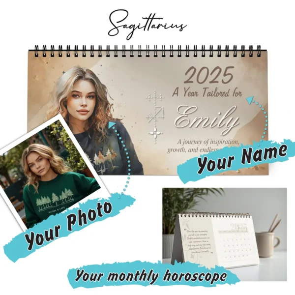 Personalized Sagittarius desk calendar cover with custom name and photo, 2025 zodiac-themed design.