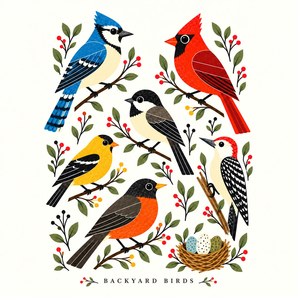 Colorful backyard birds perched among flowering branches — Backyard Birds illustration