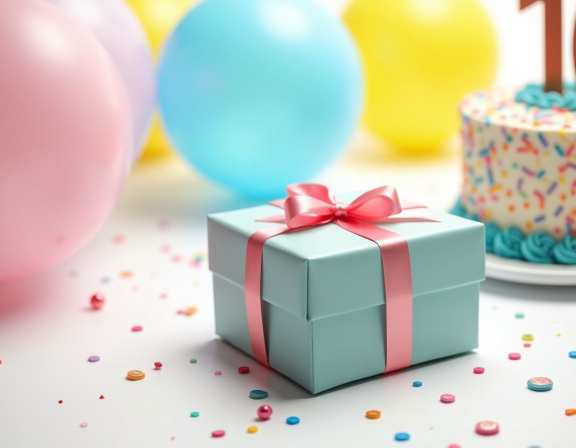 A colorful personalized birthday gift surrounded by balloons and a cake