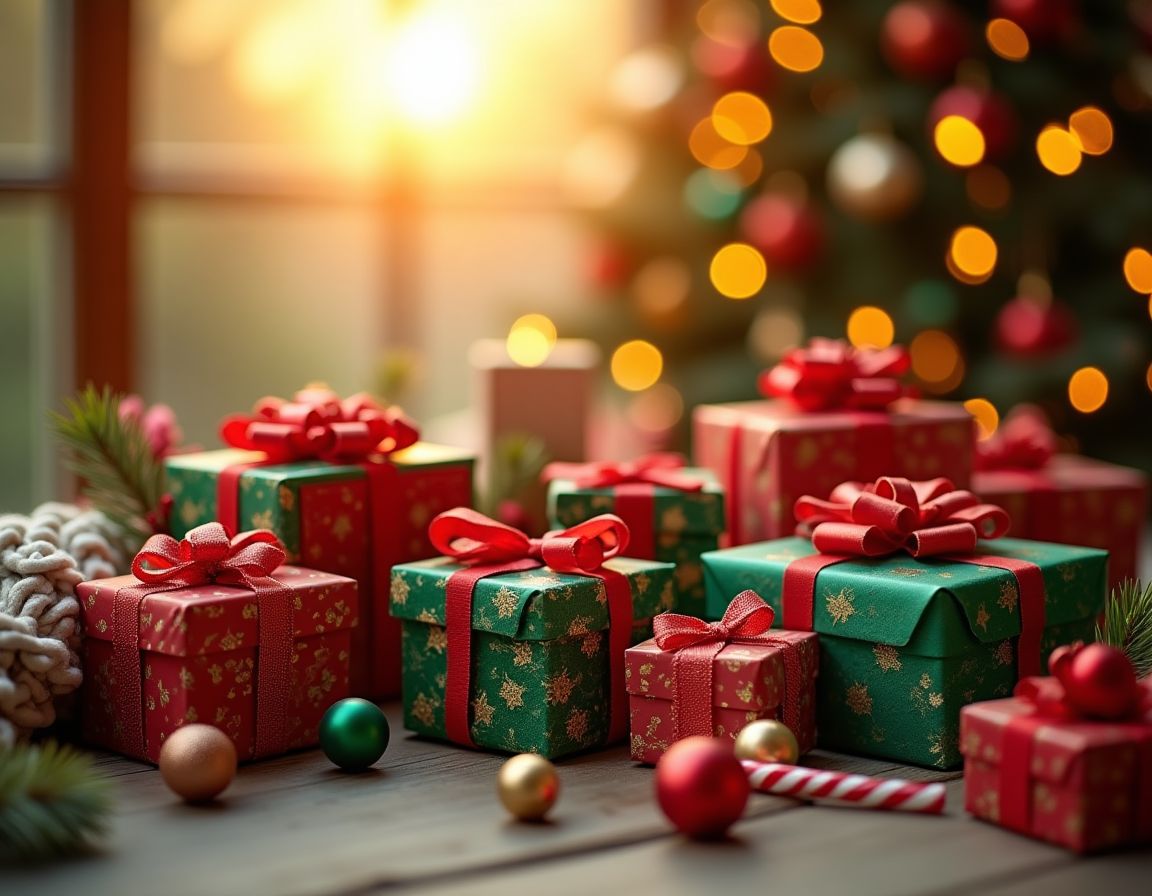A festive holiday scene with beautifully wrapped gifts