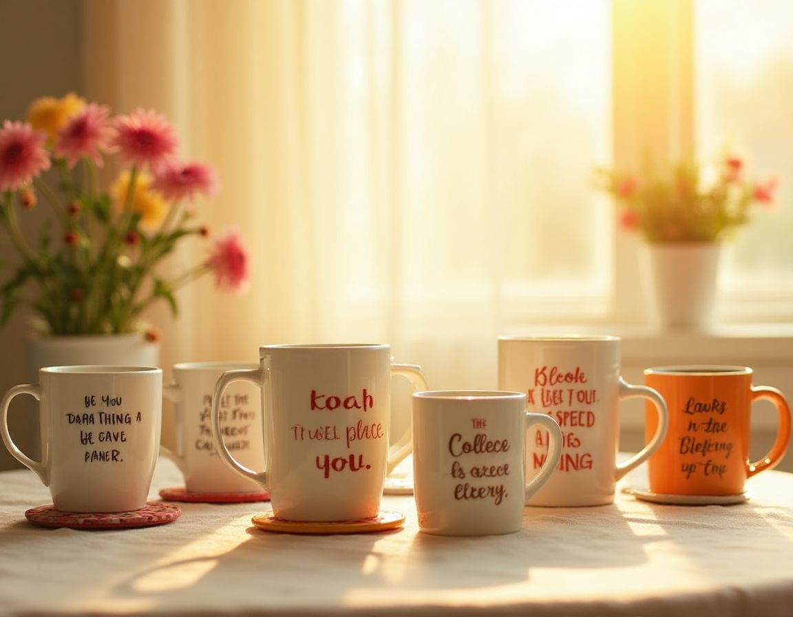 A cheerful collection of quirky mugs on a kitchen table.