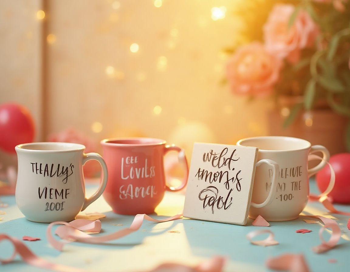 A colorful display of personalized gifts including humorous mugs.