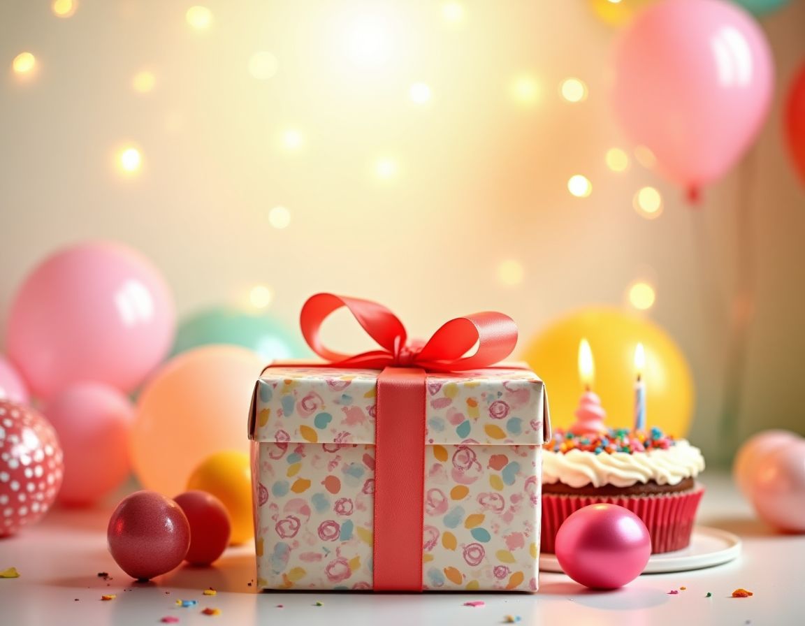Colorful birthday balloons and cake