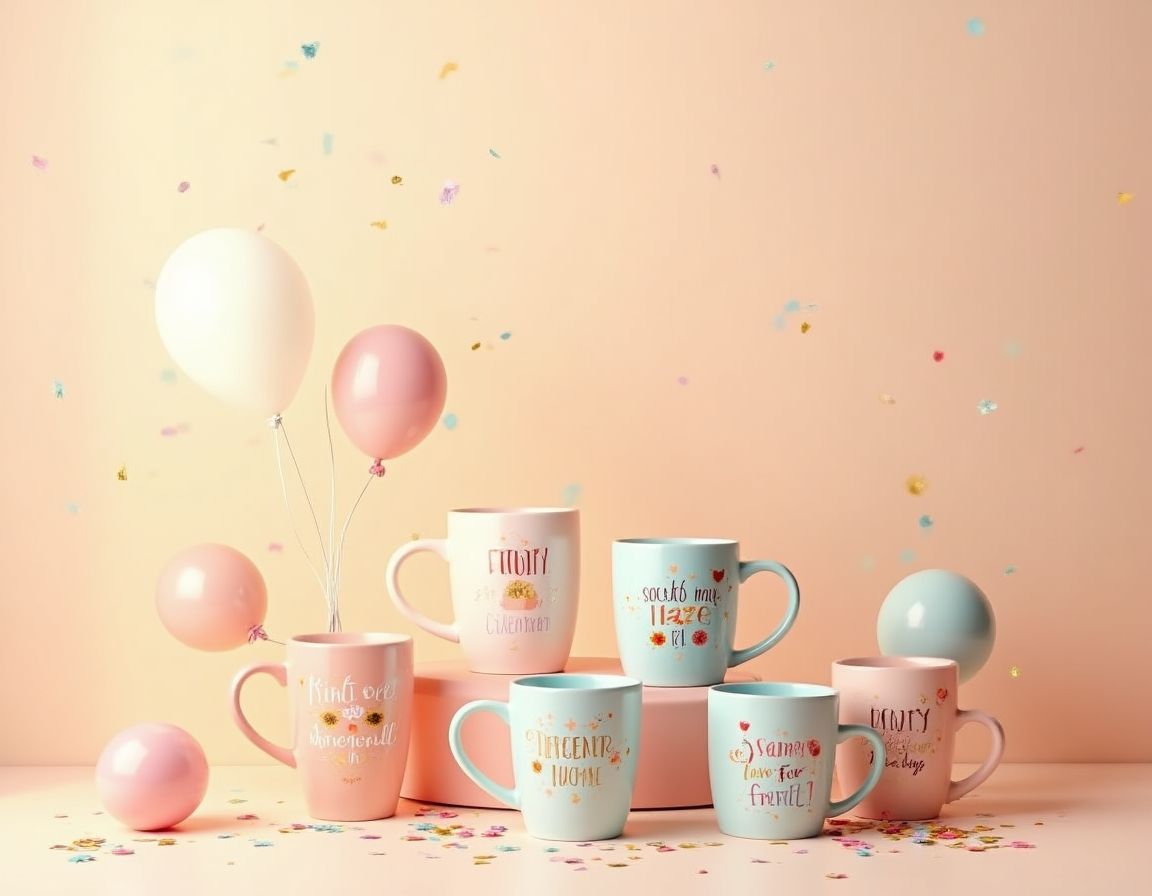 A selection of quirky mugs with colorful designs and illustrations.