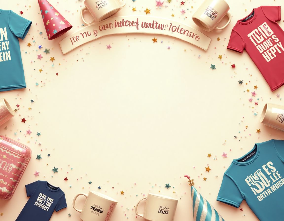 Quirky t-shirts with funny messages displayed in a cheerful setting.