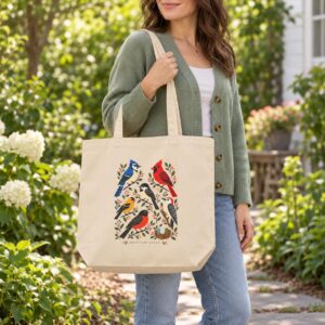 Backyard Birds Tote Bag for Books & Everyday Finds, Illustrated Organic Cotton Bag