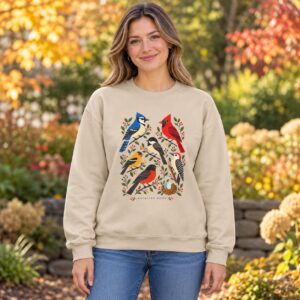 Backyard Birds Sweatshirt with Colorful Nature Art, Unisex Crewneck for Birdwatchers