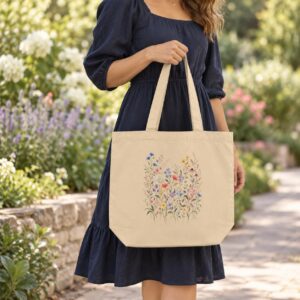 Wildflower Tote Bag for Books & Market Finds — Vintage Wildflower Meadow, Botanical Cotton Canvas Bag