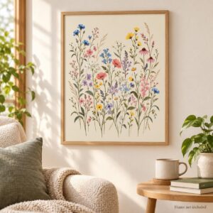 Wildflower Wall Art — Vintage Wildflower Meadow, Unframed Botanical Poster in Soft Pastel Colors