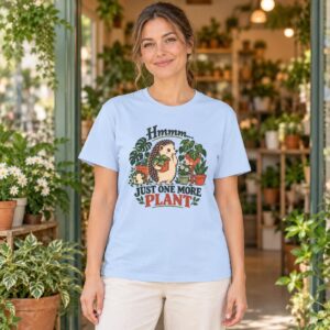 Funny Gardening T-Shirt, Hmmm... Just One More Plant, Lightweight Hedgehog Tee for Houseplant Lovers