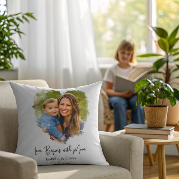 Personalized Mom Photo Pillow - Custom Mother's Day Gift, Love Begins with Mom, Picture and Name Throw Pillow Cover - Image 2