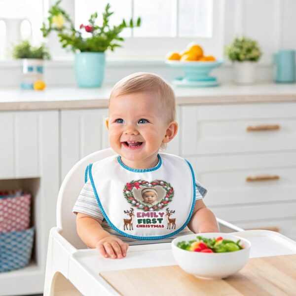 Personalized Baby’s First Christmas Bib with Custom Name and Photo