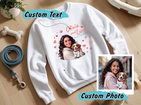 Personalized Pet and Owner Photo Sweatshirt – Custom Name & Pet Portrait Embroidery Gift, Matching Pet Owner Clothes
